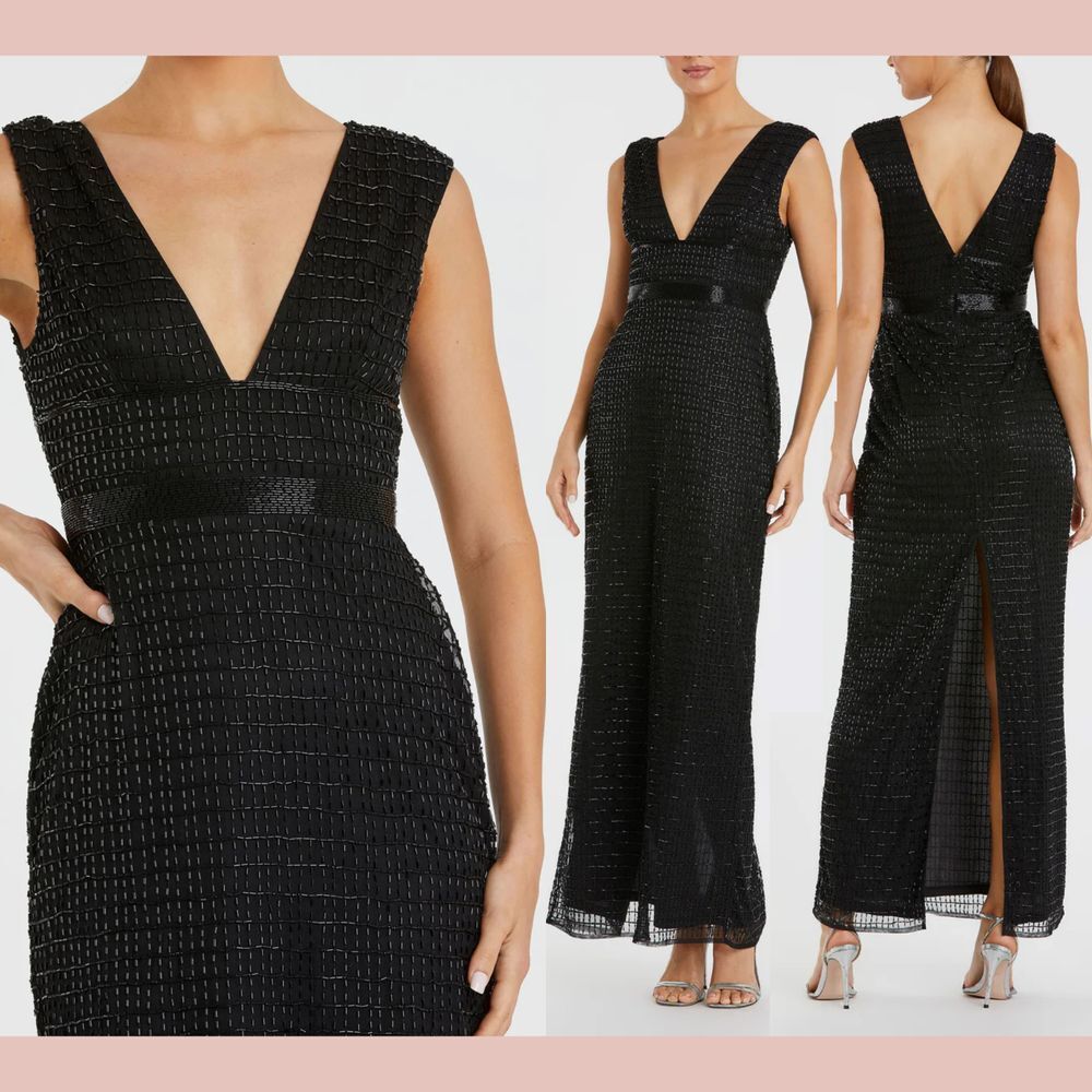 NWT $598 Mac Duggal [ 2 ] 5625 Beaded Cap Sleeve V Neck Column Gown Black #Q1093